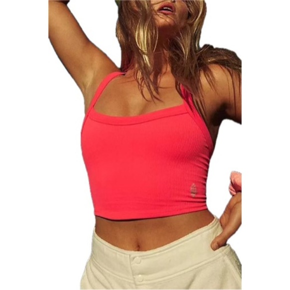Free People Vibrant Coral/Pink Cropped Tank Top - Picture 1 of 7